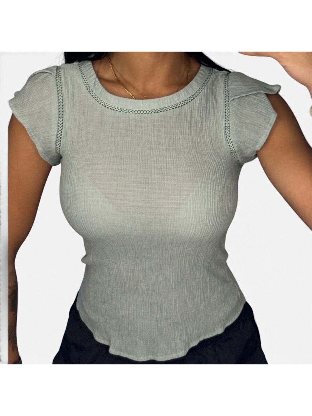 Sage Green Crinkle Knit Cap Sleeve Top with Crochet Lace Trim